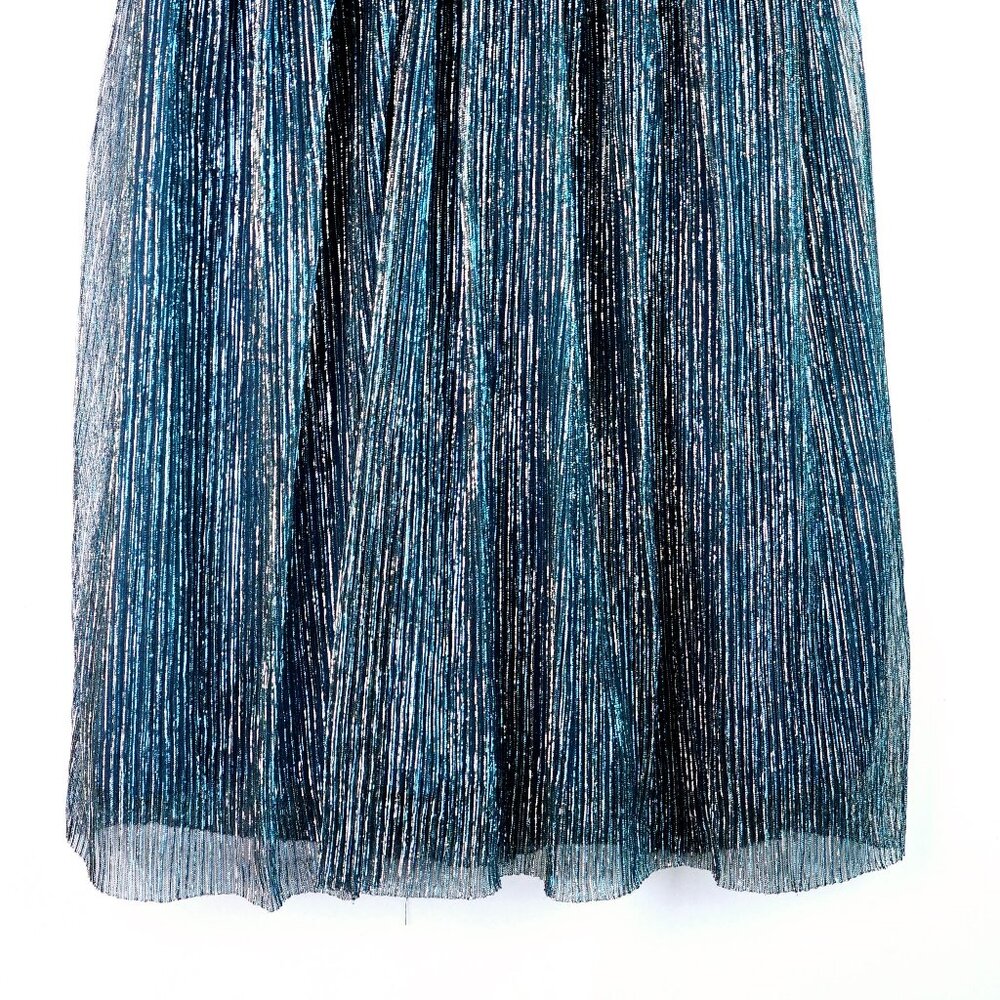Lulus Ailey Halter Mini Twisted Back Metallic Threaded Gold Teal Skater Dress, S - Picture 5 of 10